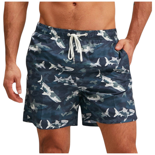Anna-Kaci Men's Shark Camo Print Swim Trunks with Adjustable Drawstring and Side Pockets
