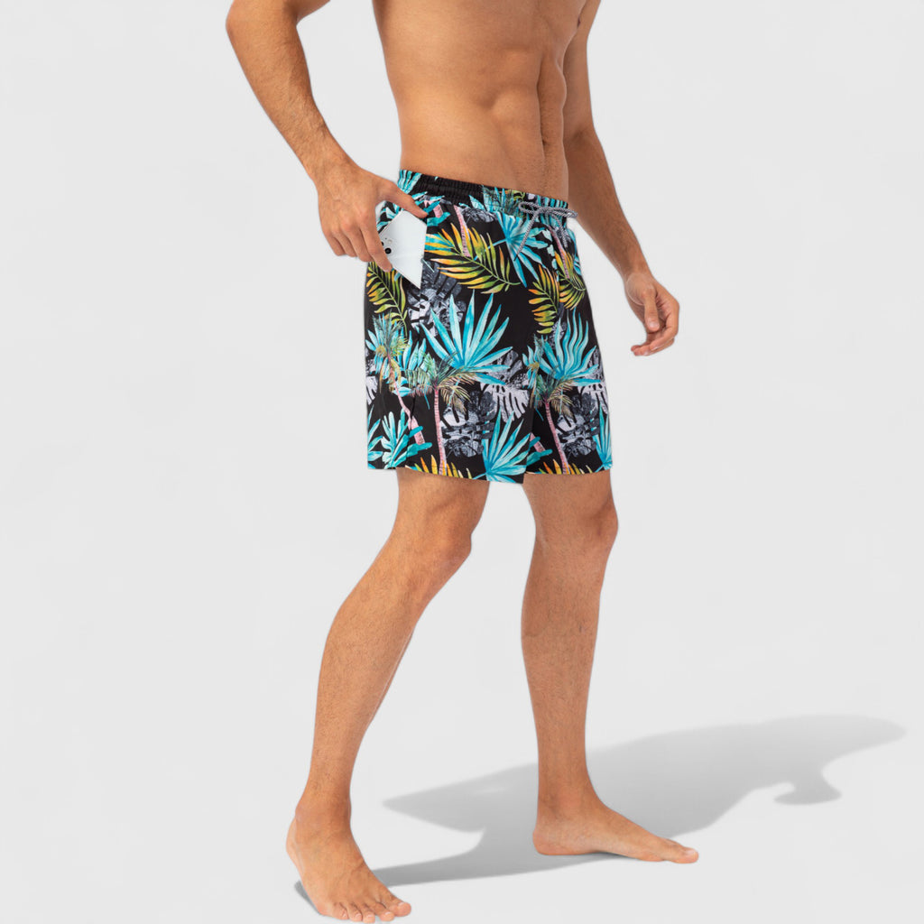 Anna-Kaci Active Men's Tropical Print Swim Trunks with Elastic Waistband and Side Pockets