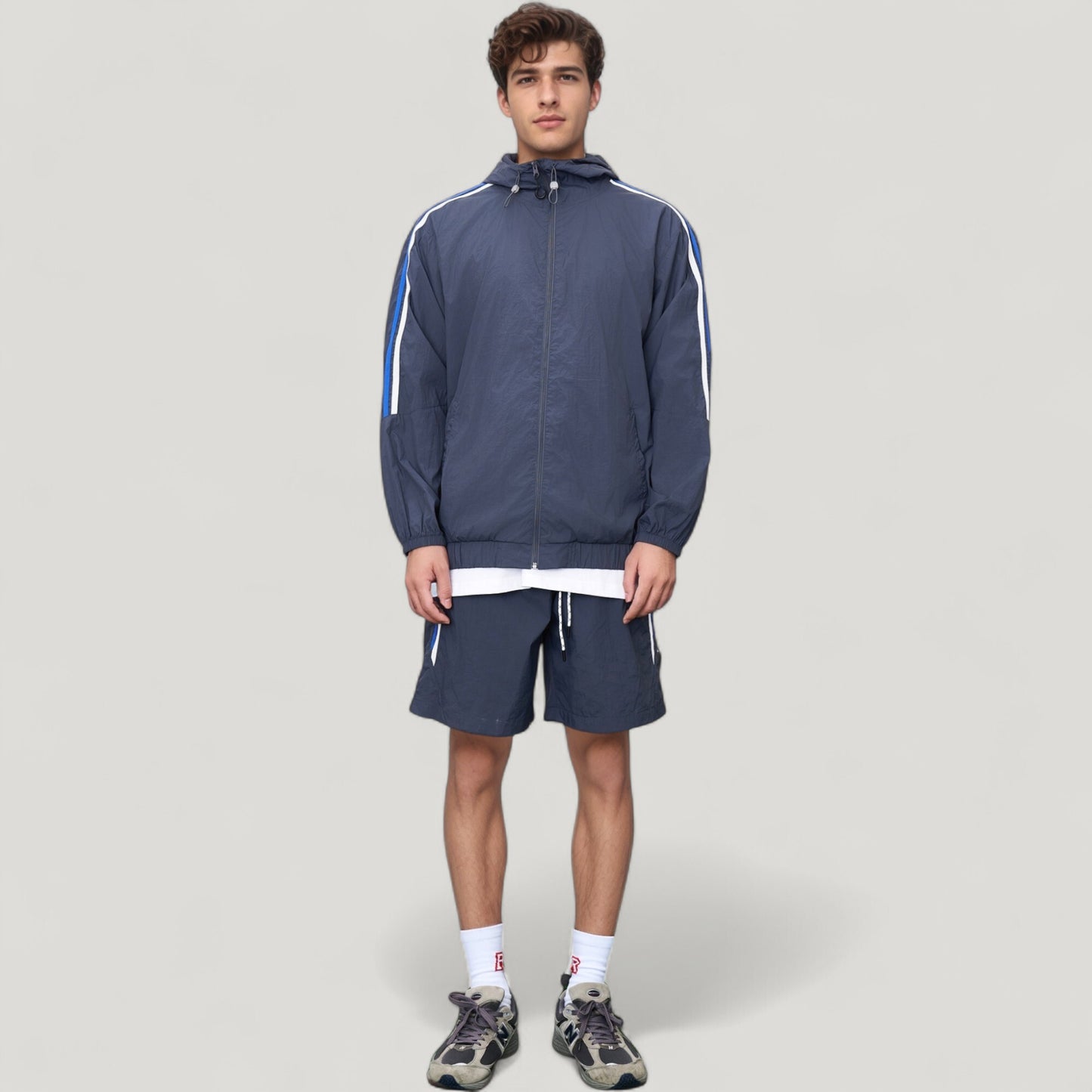Anna-Kaci Active Men's Full Zip Hooded Jacket with Elastic Hem and Contrast Sleeve Stripes