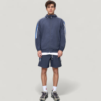 Anna-Kaci Active Men's Full Zip Hooded Jacket with Elastic Hem and Contrast Sleeve Stripes