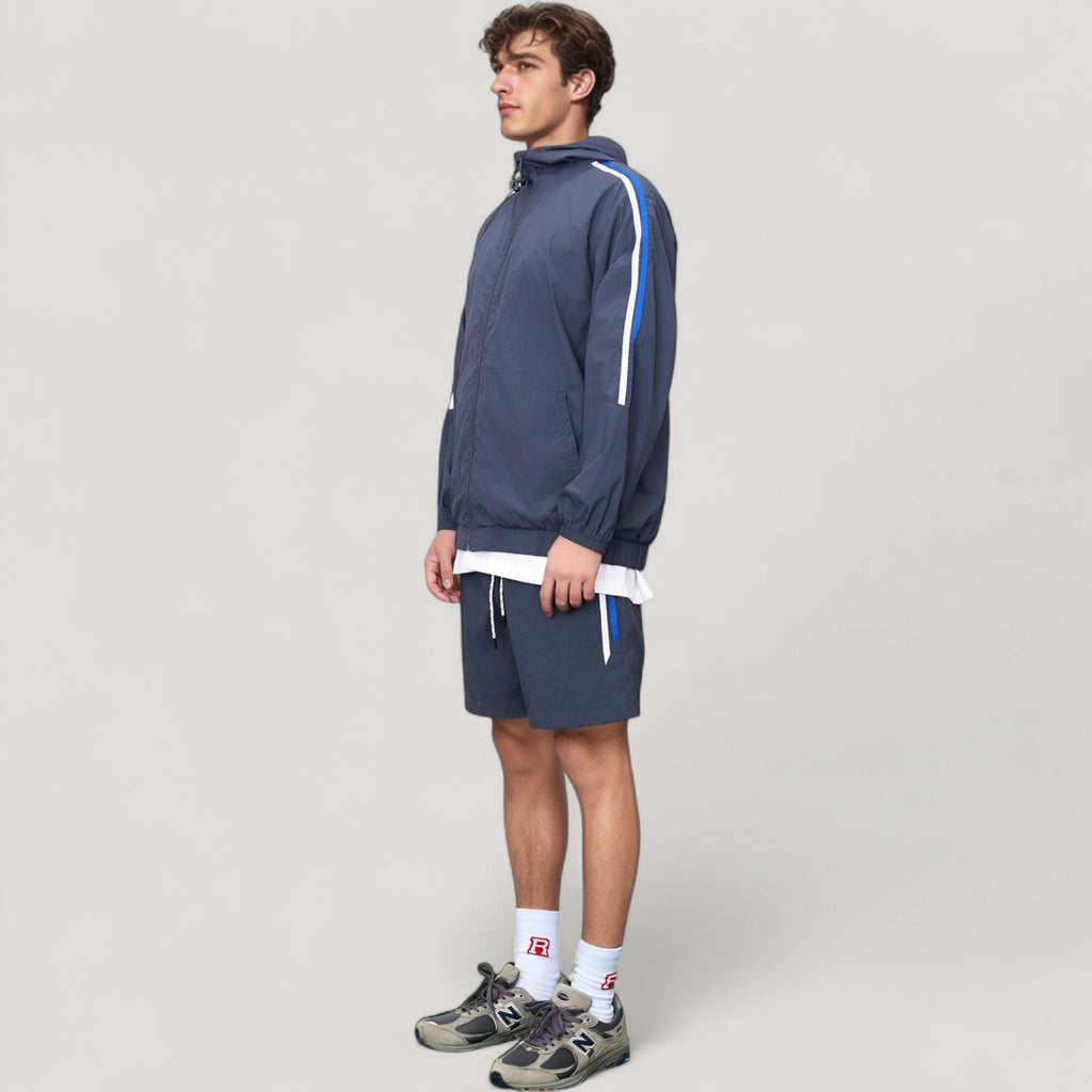 Anna-Kaci Active Men's Full Zip Hooded Jacket with Elastic Hem and Contrast Sleeve Stripes