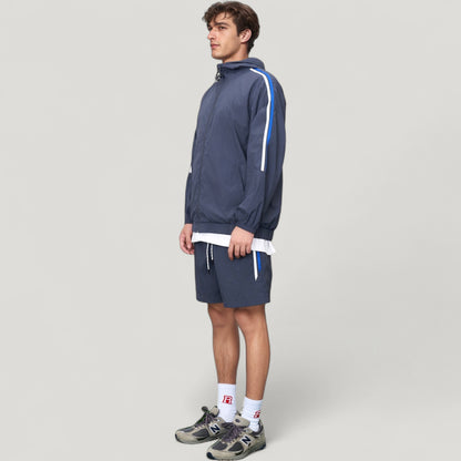 Anna-Kaci Active Men's Full Zip Hooded Jacket with Elastic Hem and Contrast Sleeve Stripes