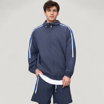 Anna-Kaci Active Men's Full Zip Hooded Jacket with Elastic Hem and Contrast Sleeve Stripes
