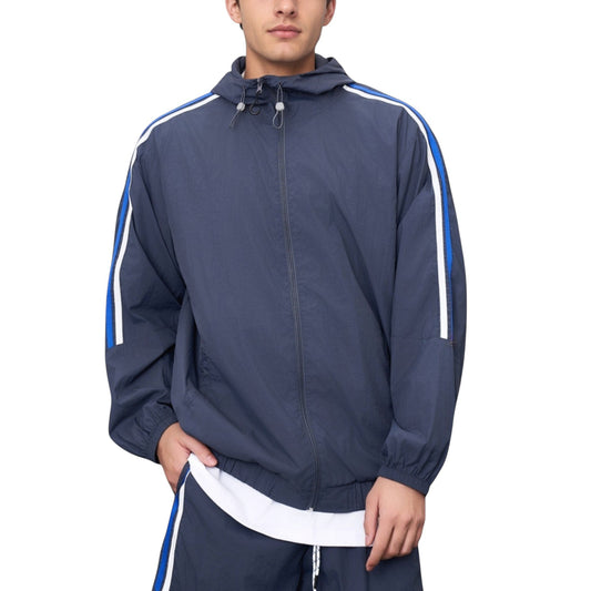Anna-Kaci Active Men's Full Zip Hooded Jacket with Elastic Hem and Contrast Sleeve Stripes