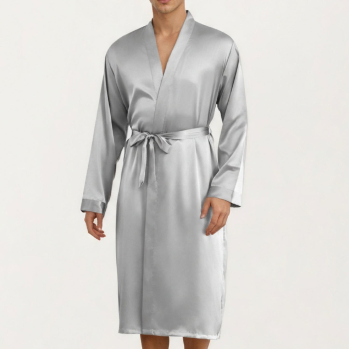 Anna-Kaci Men's Satin Robe with Classic Shawl Collar and Adjustable Waist Tie