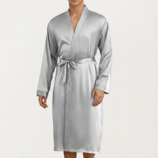 Anna-Kaci Men's Satin Robe with Classic Shawl Collar and Adjustable Waist Tie