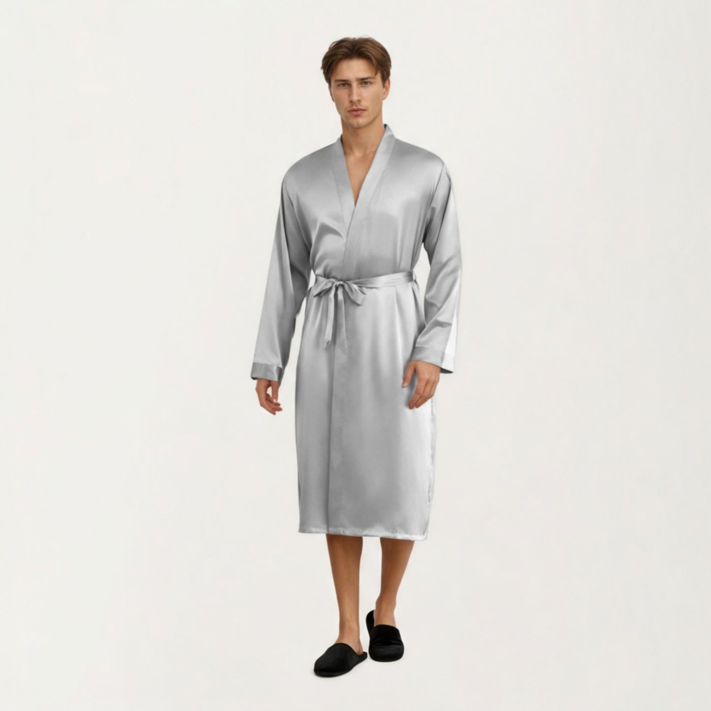 Anna-Kaci Men's Satin Robe with Classic Shawl Collar and Adjustable Waist Tie