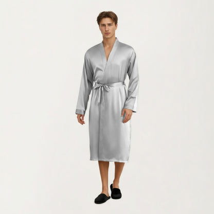 Anna-Kaci Men's Satin Robe with Classic Shawl Collar and Adjustable Waist Tie