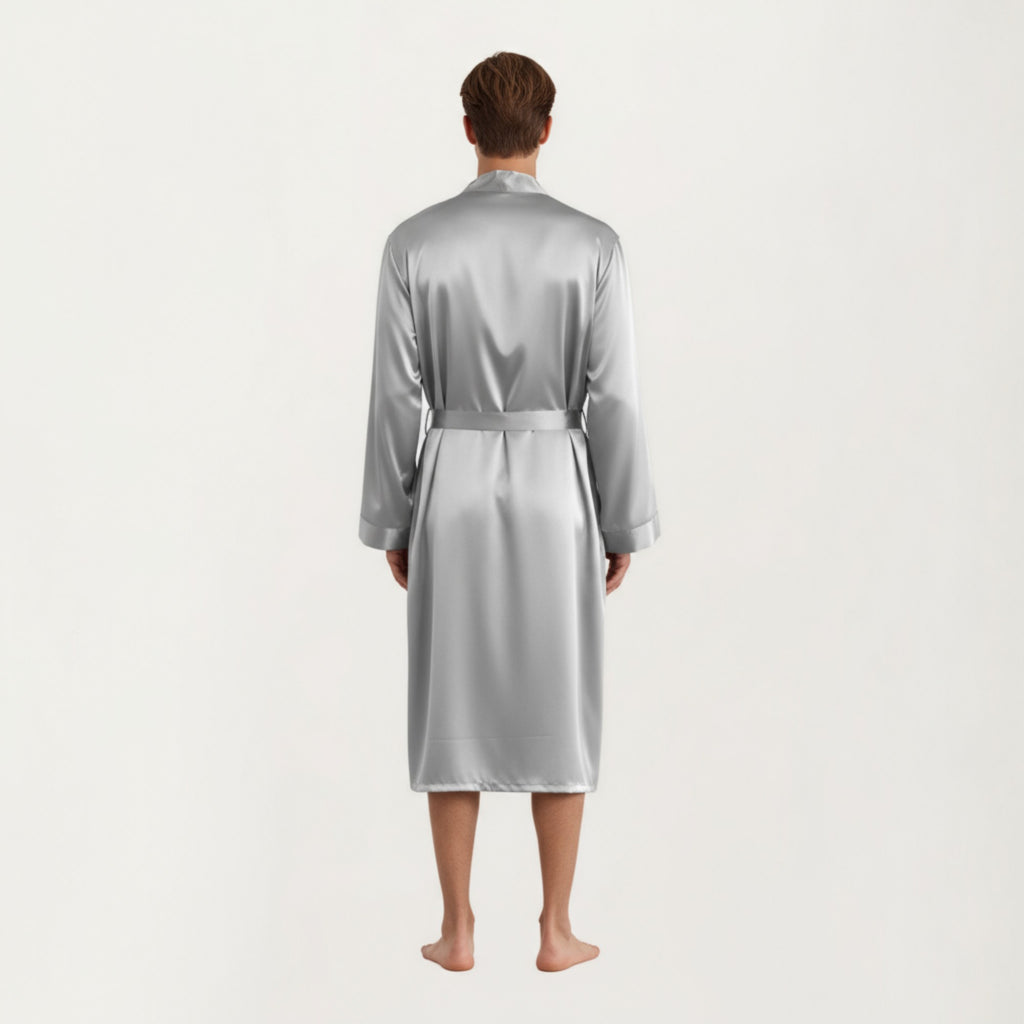 Anna-Kaci Men's Satin Robe with Classic Shawl Collar and Adjustable Waist Tie