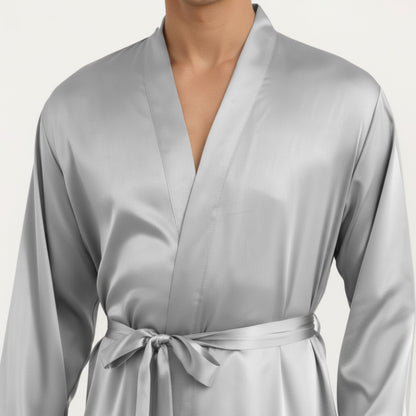 Anna-Kaci Men's Satin Robe with Classic Shawl Collar and Adjustable Waist Tie