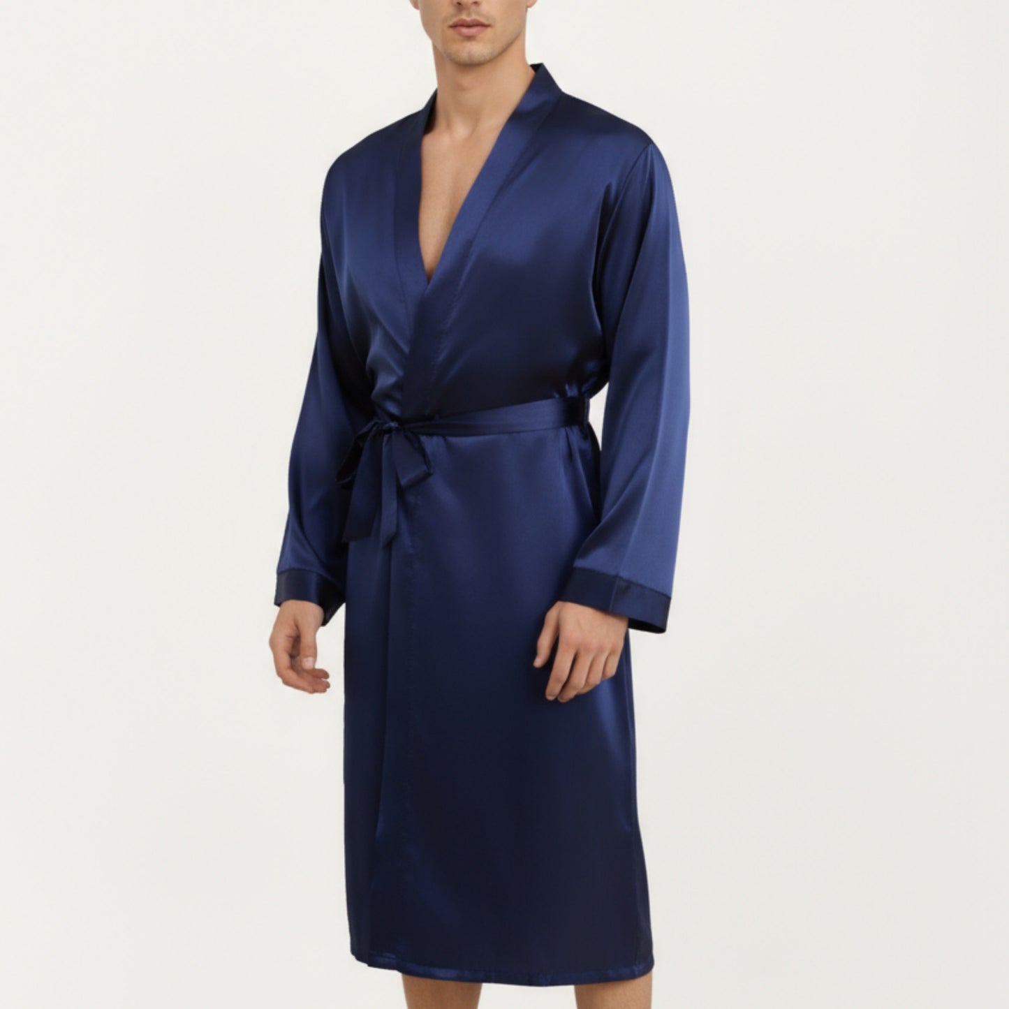 Anna-Kaci Men's Satin Robe with Classic Shawl Collar and Adjustable Waist Tie
