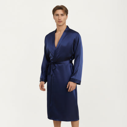 Anna-Kaci Men's Satin Robe with Classic Shawl Collar and Adjustable Waist Tie