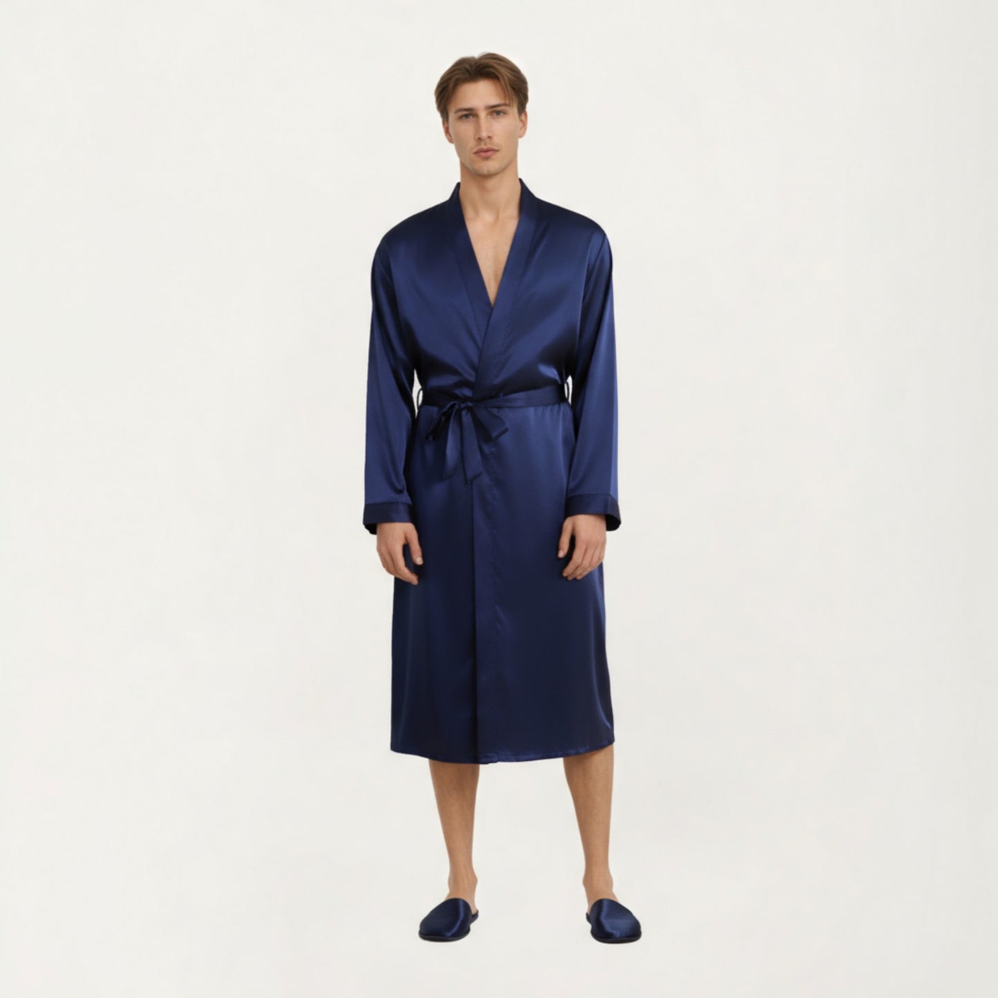 Anna-Kaci Men's Satin Robe with Classic Shawl Collar and Adjustable Waist Tie