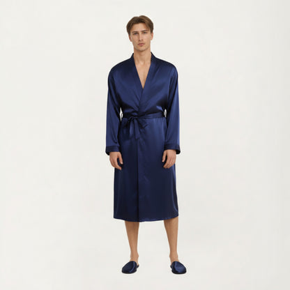 Anna-Kaci Men's Satin Robe with Classic Shawl Collar and Adjustable Waist Tie