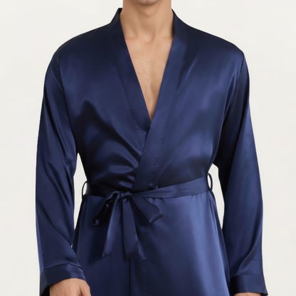 Anna-Kaci Men's Satin Robe with Classic Shawl Collar and Adjustable Waist Tie