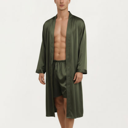 Anna-Kaci Men's Satin Robe with Classic Shawl Collar and Adjustable Waist Tie