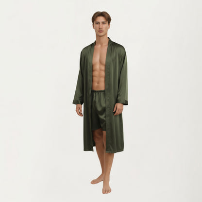 Anna-Kaci Men's Satin Robe with Classic Shawl Collar and Adjustable Waist Tie