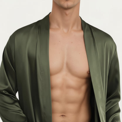 Anna-Kaci Men's Satin Robe with Classic Shawl Collar and Adjustable Waist Tie