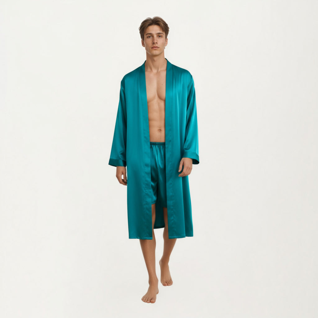 Anna-Kaci Men's Satin Robe with Classic Shawl Collar and Adjustable Waist Tie