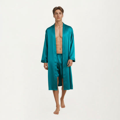 Anna-Kaci Men's Satin Robe with Classic Shawl Collar and Adjustable Waist Tie