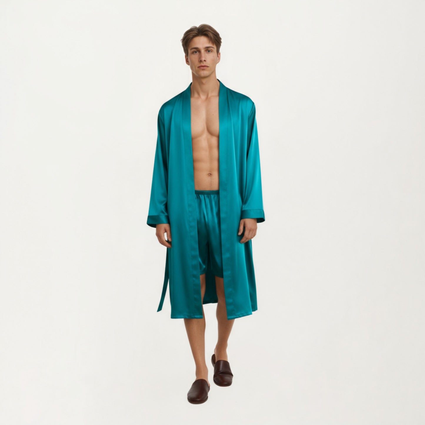 Anna-Kaci Men's Satin Robe with Classic Shawl Collar and Adjustable Waist Tie