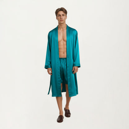 Anna-Kaci Men's Satin Robe with Classic Shawl Collar and Adjustable Waist Tie