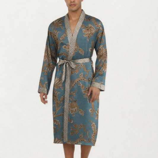 Anna-Kaci Men's Satin Robe with Floral Baroque Pattern and Contrast Trim Belt