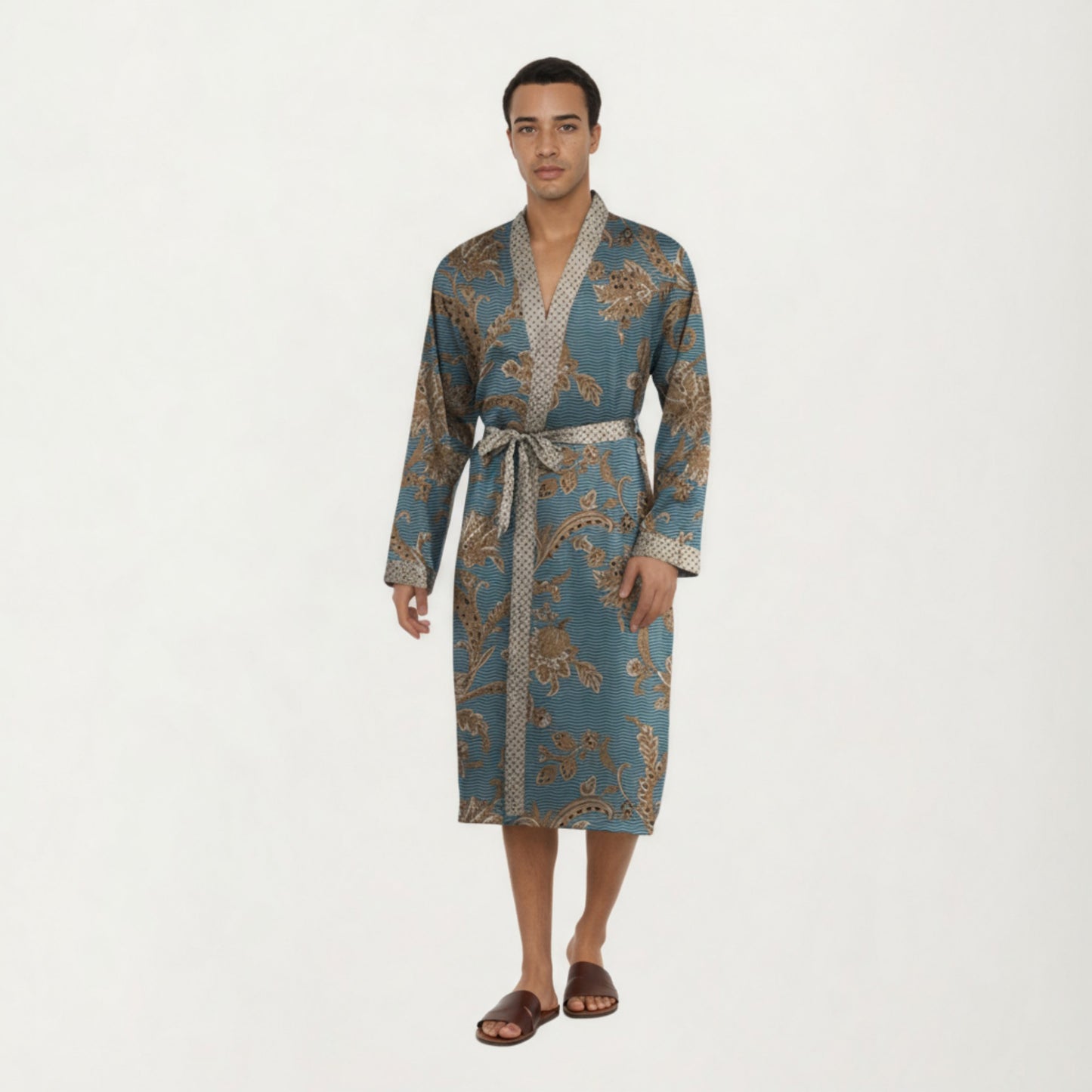 Anna-Kaci Men's Satin Robe with Floral Baroque Pattern and Contrast Trim Belt