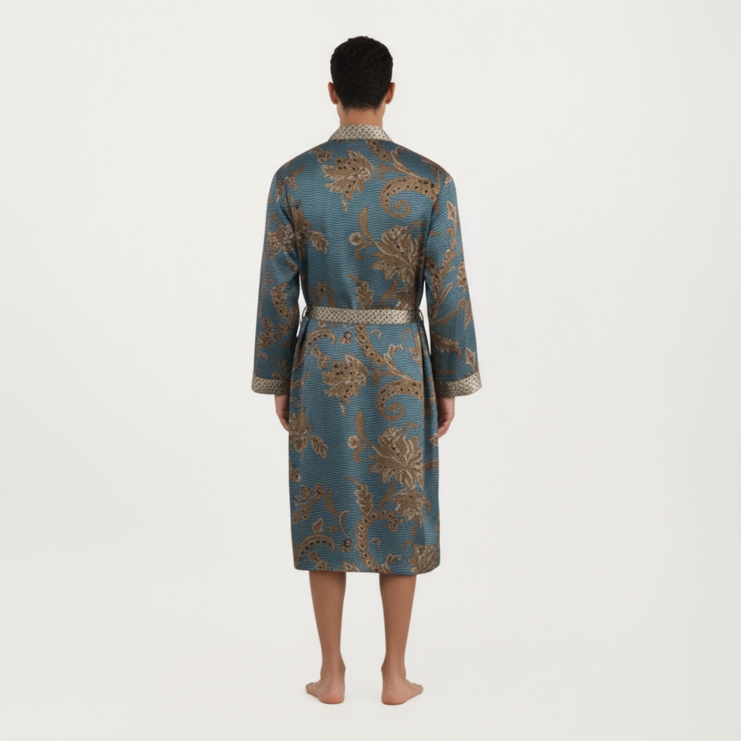 Anna-Kaci Men's Satin Robe with Floral Baroque Pattern and Contrast Trim Belt