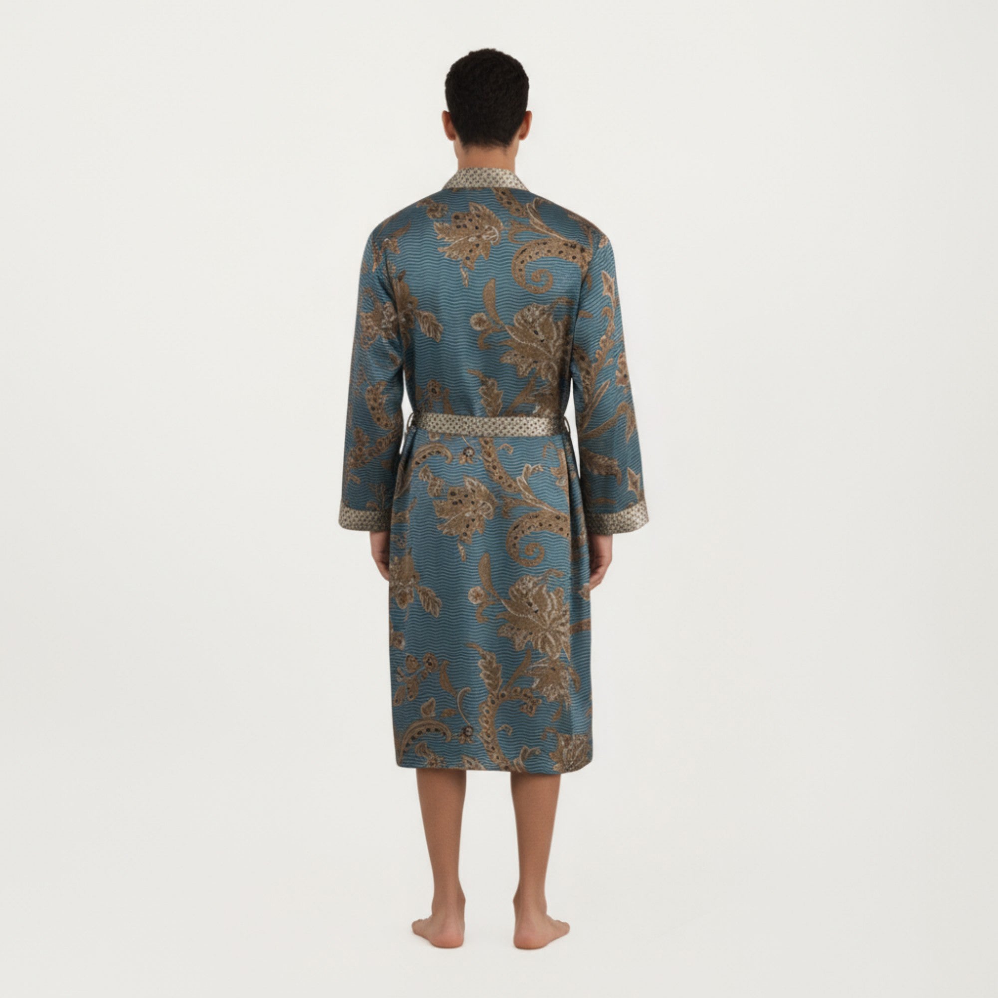 Anna-Kaci Men's Satin Robe with Floral Baroque Pattern and Contrast Trim Belt