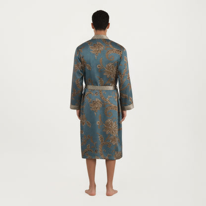 Anna-Kaci Men's Satin Robe with Floral Baroque Pattern and Contrast Trim Belt