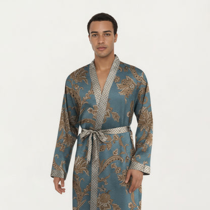 Anna-Kaci Men's Satin Robe with Floral Baroque Pattern and Contrast Trim Belt