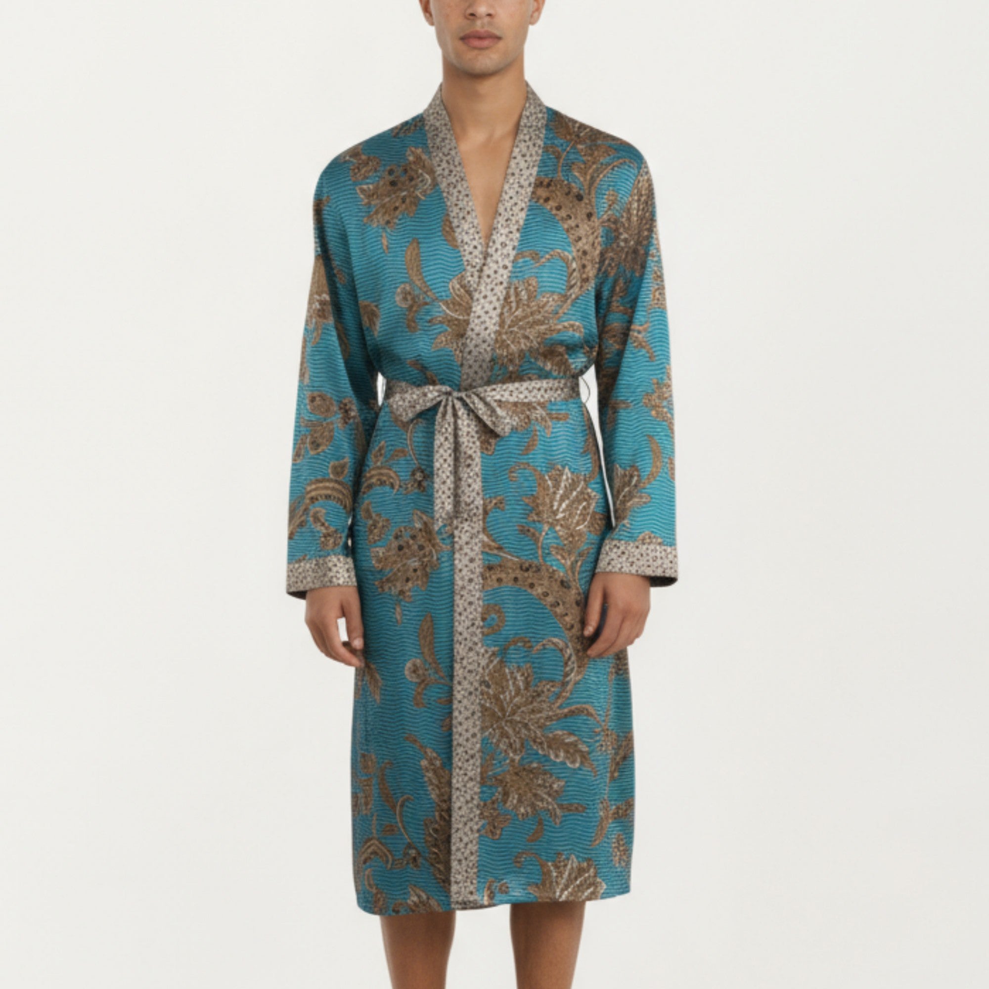 Anna-Kaci Men's Satin Robe with Floral Baroque Pattern and Contrast Trim Belt