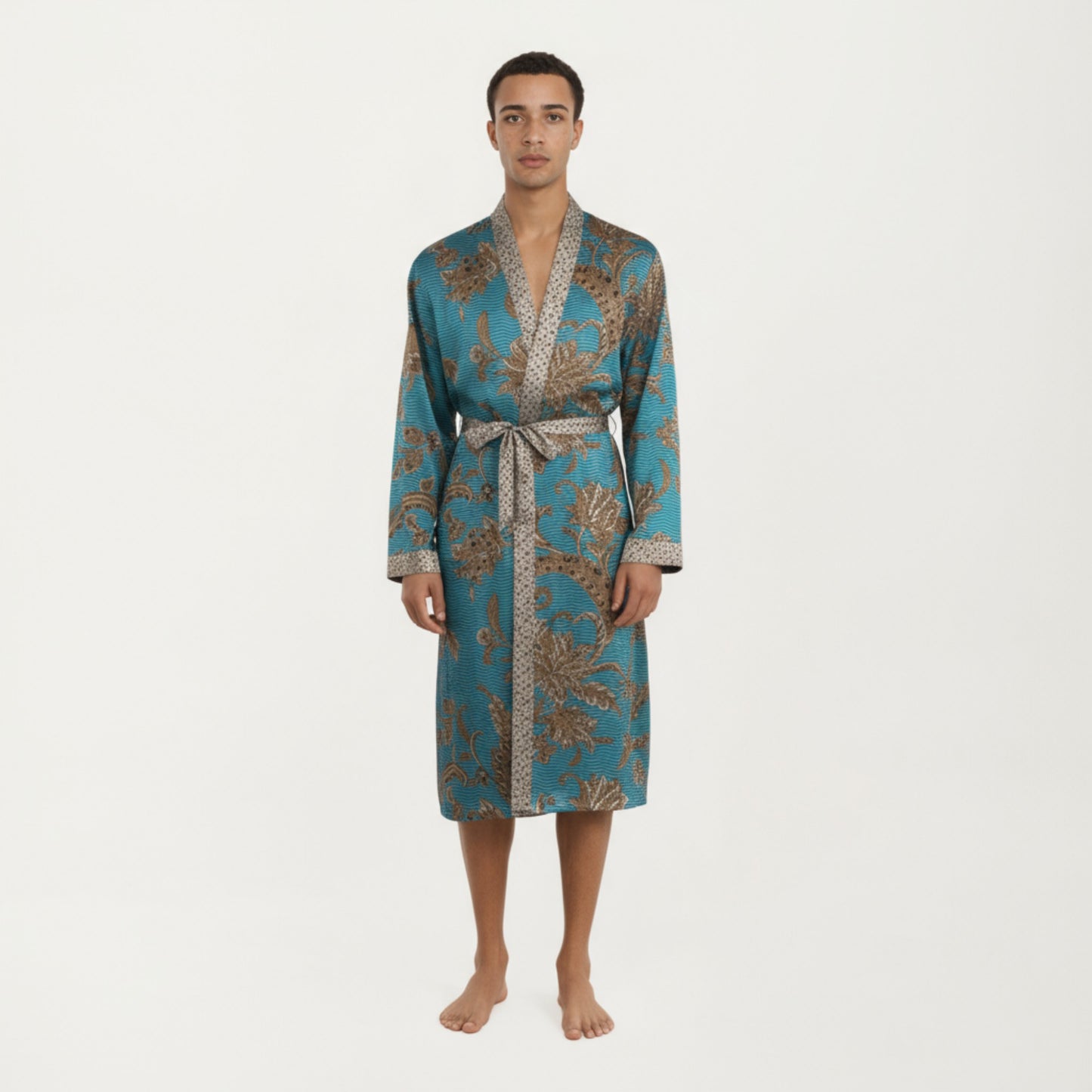 Anna-Kaci Men's Satin Robe with Floral Baroque Pattern and Contrast Trim Belt