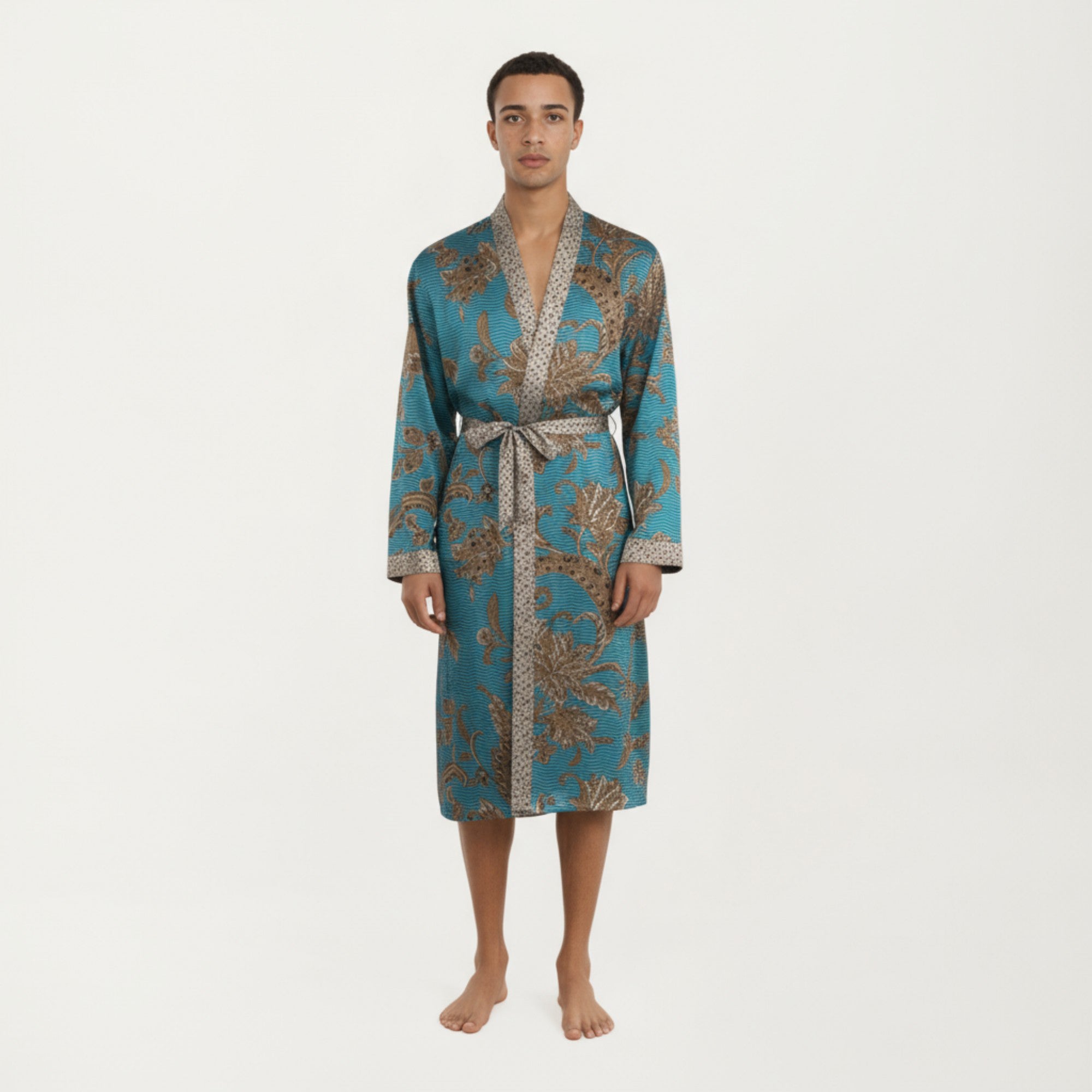 Anna-Kaci Men's Satin Robe with Floral Baroque Pattern and Contrast Trim Belt