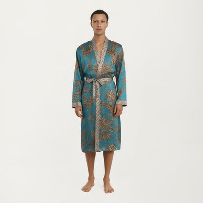 Anna-Kaci Men's Satin Robe with Floral Baroque Pattern and Contrast Trim Belt
