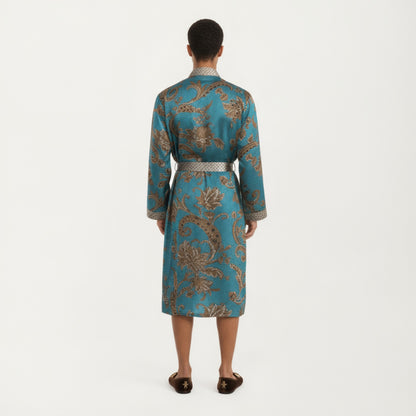 Anna-Kaci Men's Satin Robe with Floral Baroque Pattern and Contrast Trim Belt