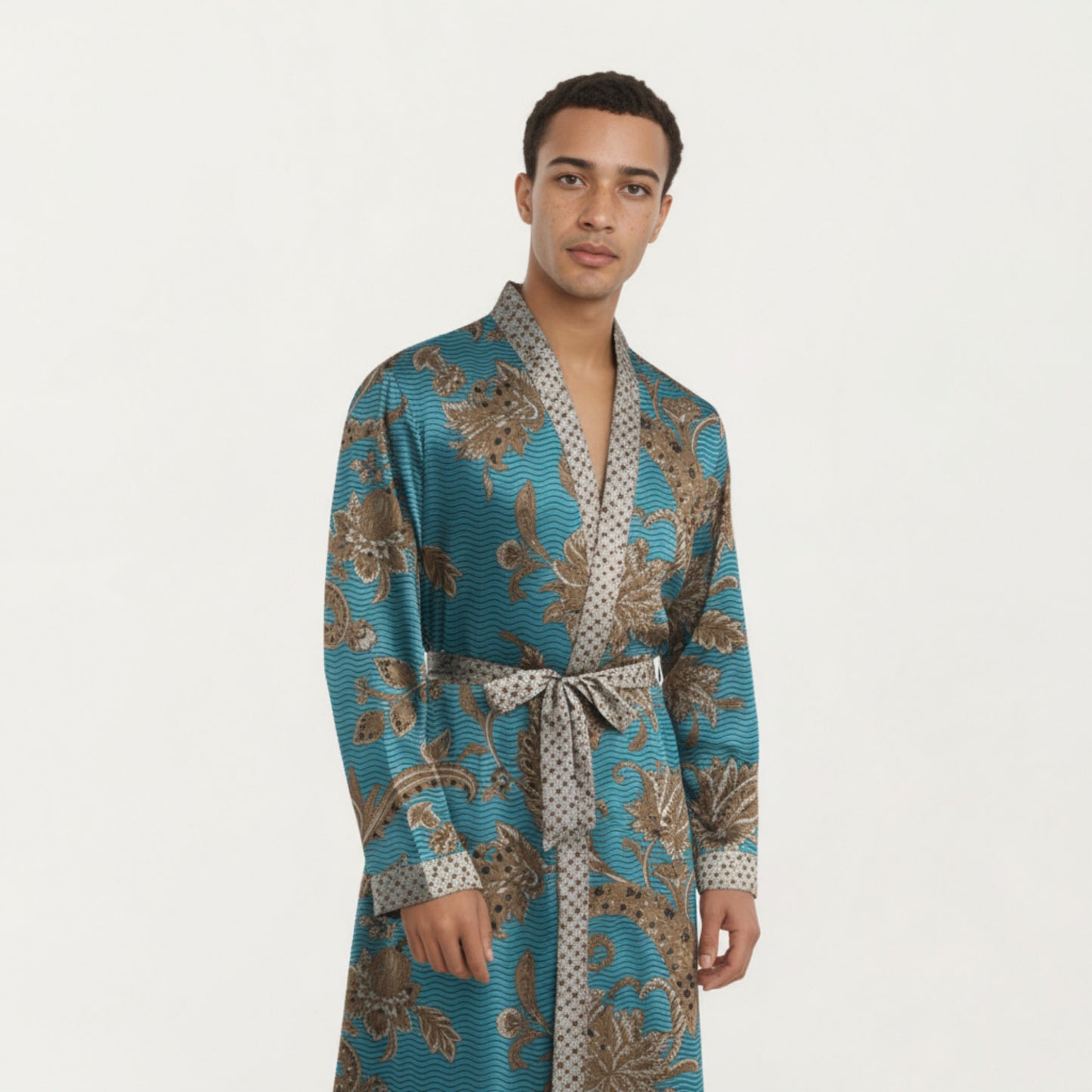 Anna-Kaci Men's Satin Robe with Floral Baroque Pattern and Contrast Trim Belt
