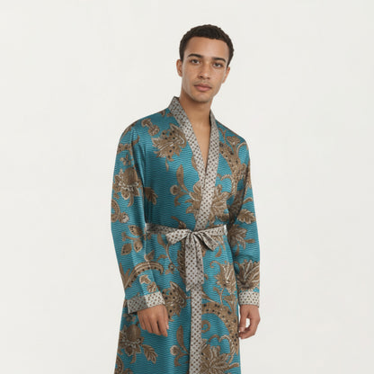 Anna-Kaci Men's Satin Robe with Floral Baroque Pattern and Contrast Trim Belt
