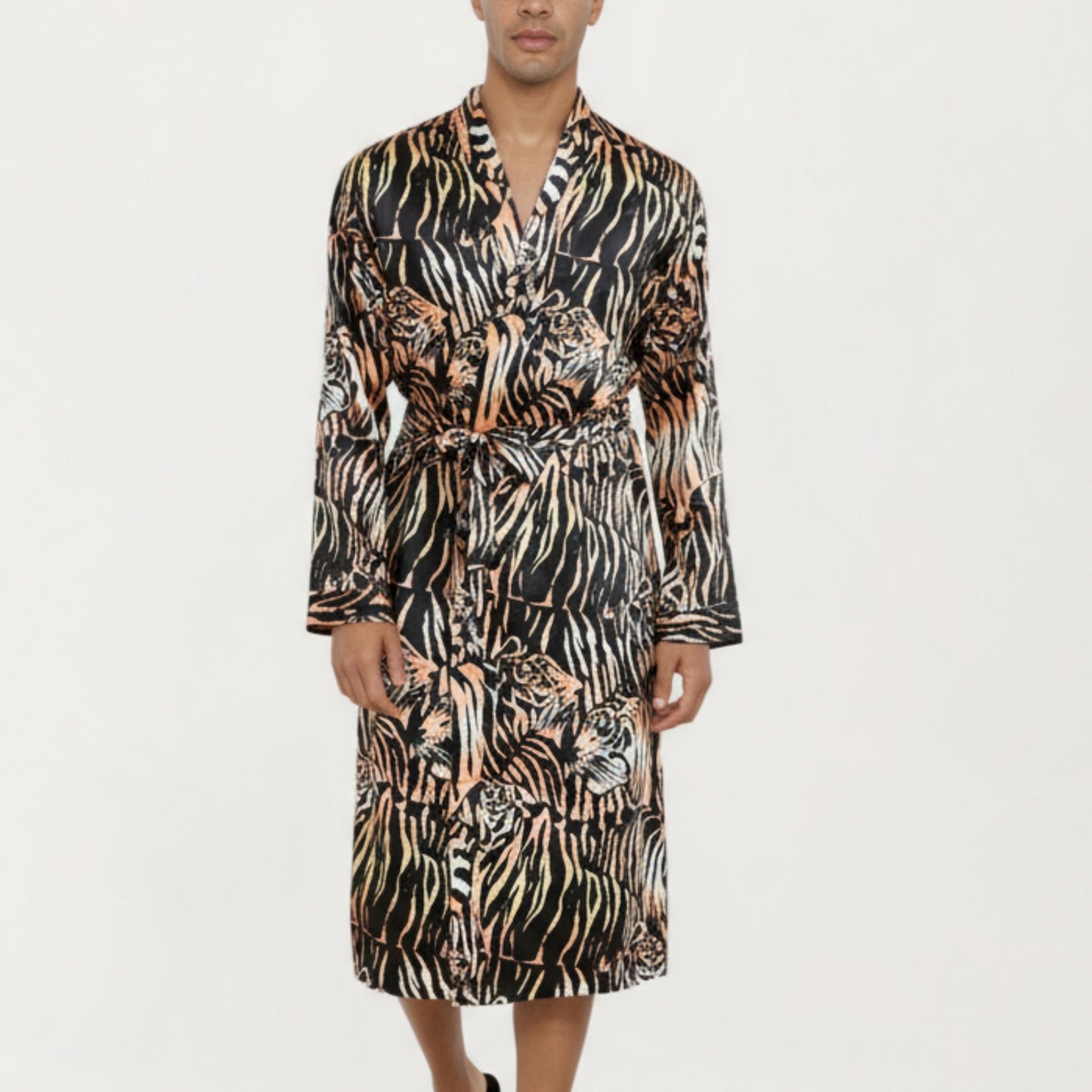Anna-Kaci Men's Satin Robe with Tiger Print Design and Adjustable Waist Tie