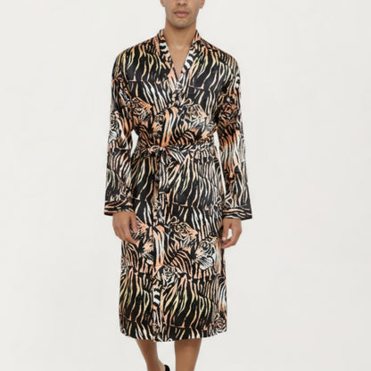 Anna-Kaci Men's Satin Robe with Tiger Print Design and Adjustable Waist Tie