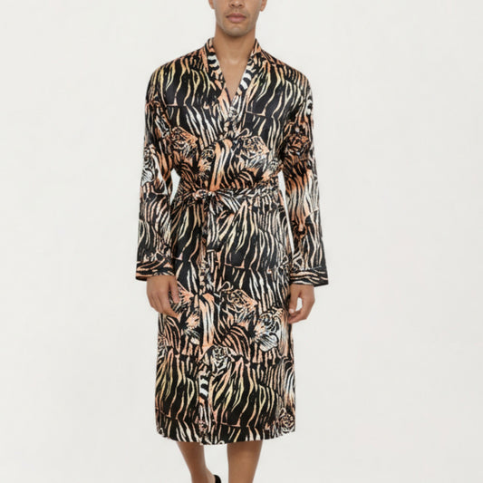 Anna-Kaci Men's Satin Robe with Tiger Print Design and Adjustable Waist Tie