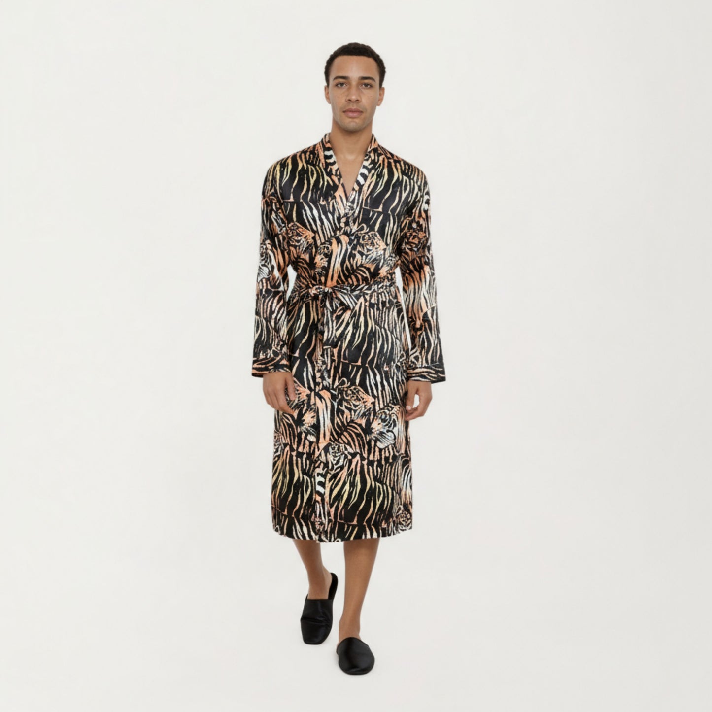 Anna-Kaci Men's Satin Robe with Tiger Print Design and Adjustable Waist Tie