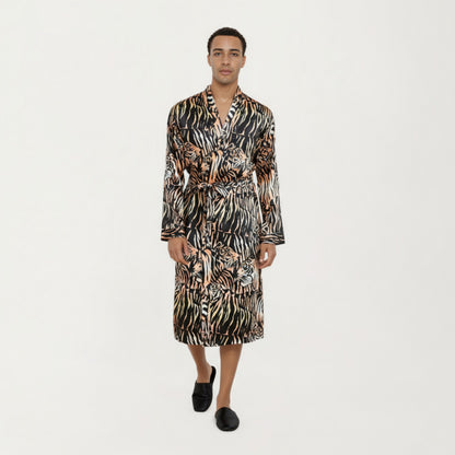 Anna-Kaci Men's Satin Robe with Tiger Print Design and Adjustable Waist Tie