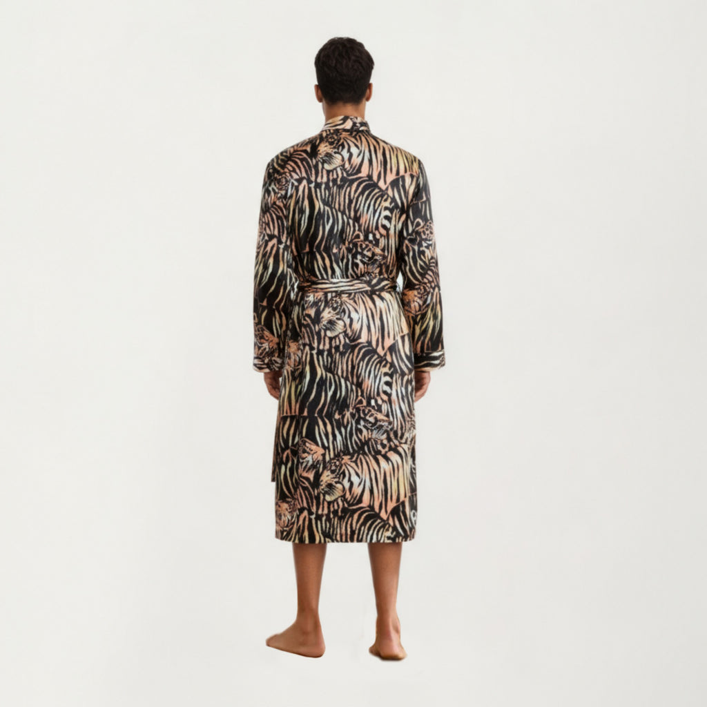Anna-Kaci Men's Satin Robe with Tiger Print Design and Adjustable Waist Tie