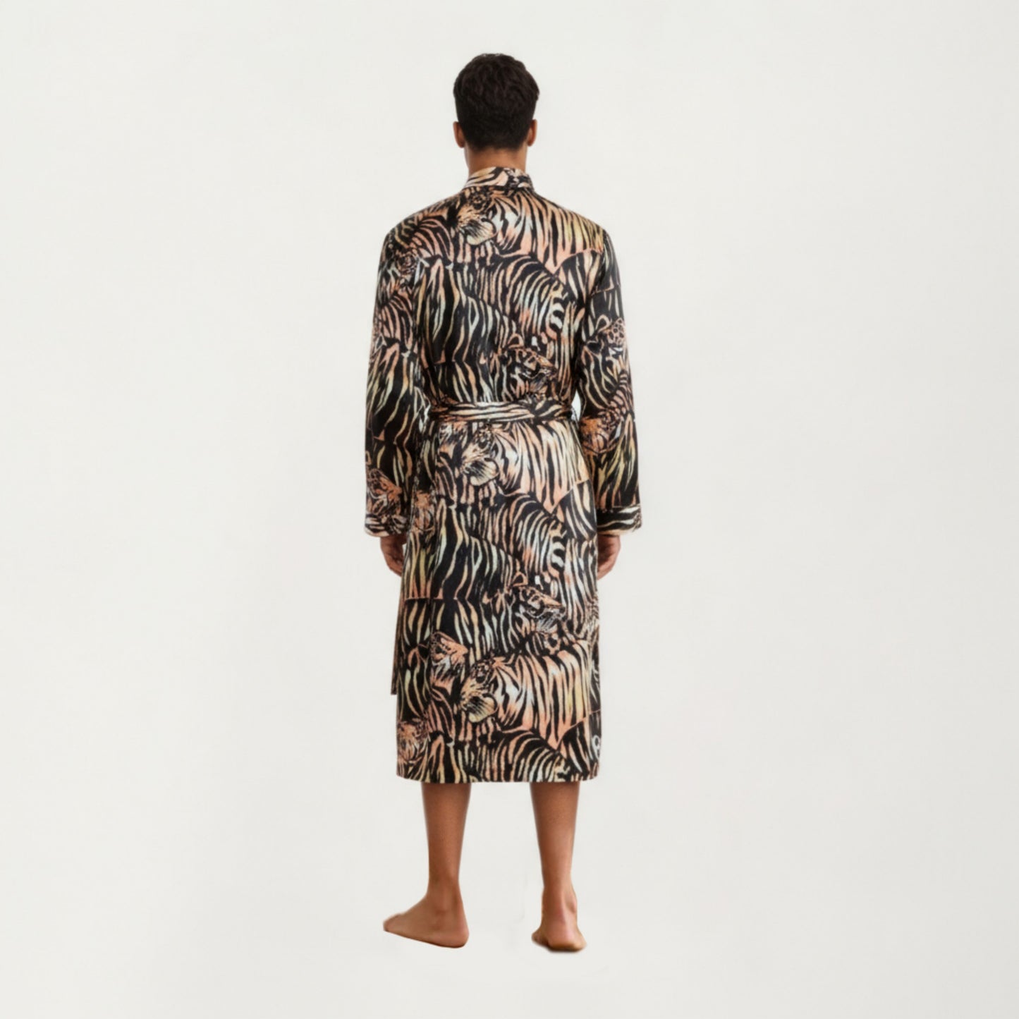 Anna-Kaci Men's Satin Robe with Tiger Print Design and Adjustable Waist Tie