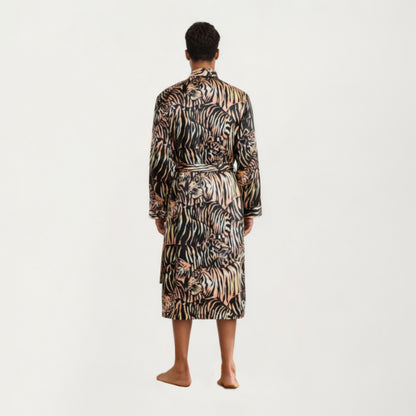 Anna-Kaci Men's Satin Robe with Tiger Print Design and Adjustable Waist Tie