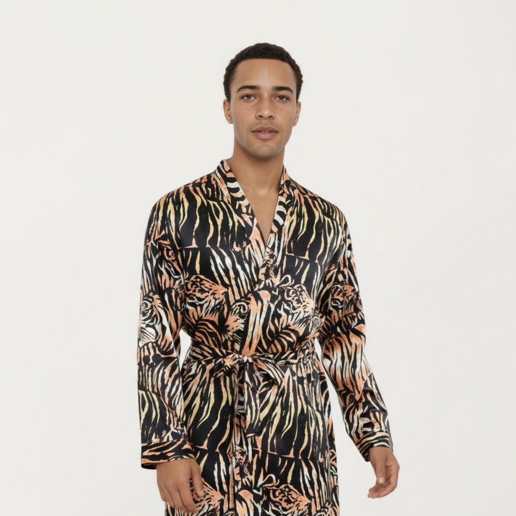 Anna-Kaci Men's Satin Robe with Tiger Print Design and Adjustable Waist Tie