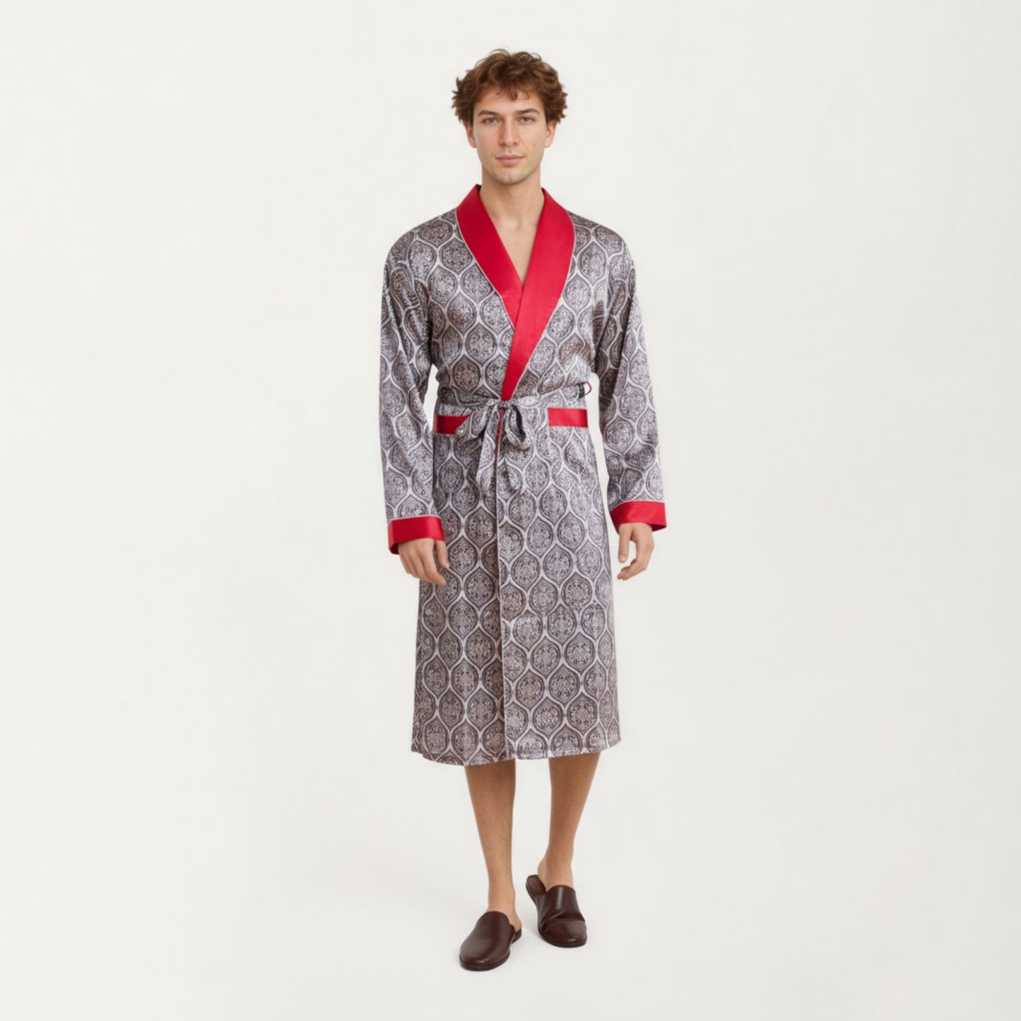 Anna-Kaci Men's Satin Robe with Ornate Medallion Pattern and Contrast Trim Details
