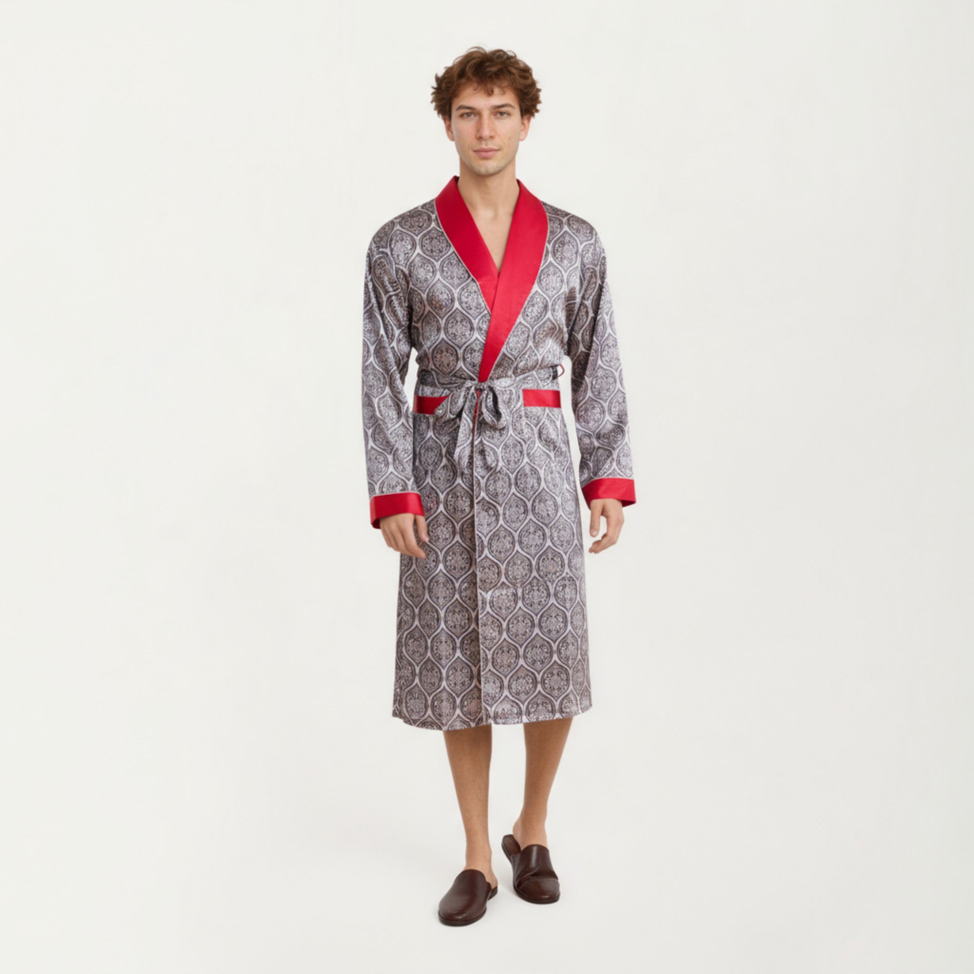 Anna-Kaci Men's Satin Robe with Ornate Medallion Pattern and Contrast Trim Details